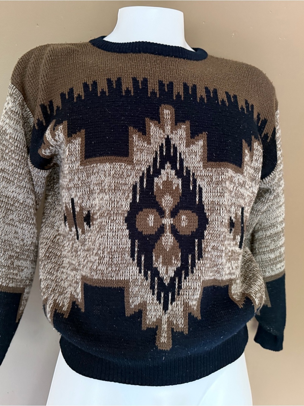 Aprico Brown and Black Geometric Crewneck Sweater